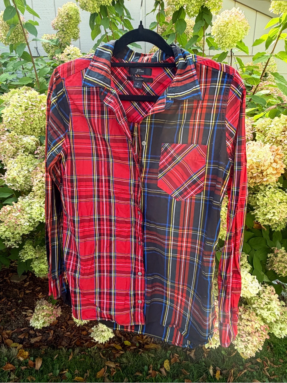 J. Crew Red and Navy Plaid Mixed-Panel Button-Down Shirt